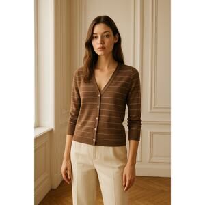 Vintage Lauren Ralph Lauren 100% Cotton Stripped Brown 3/4 Sleeve Cardigan Sz Lg